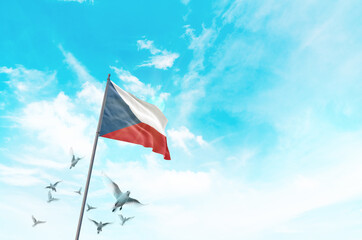 Czech Republic flag waving with flying doves in beautiful sky. Czech Republic flag for Republic Day...