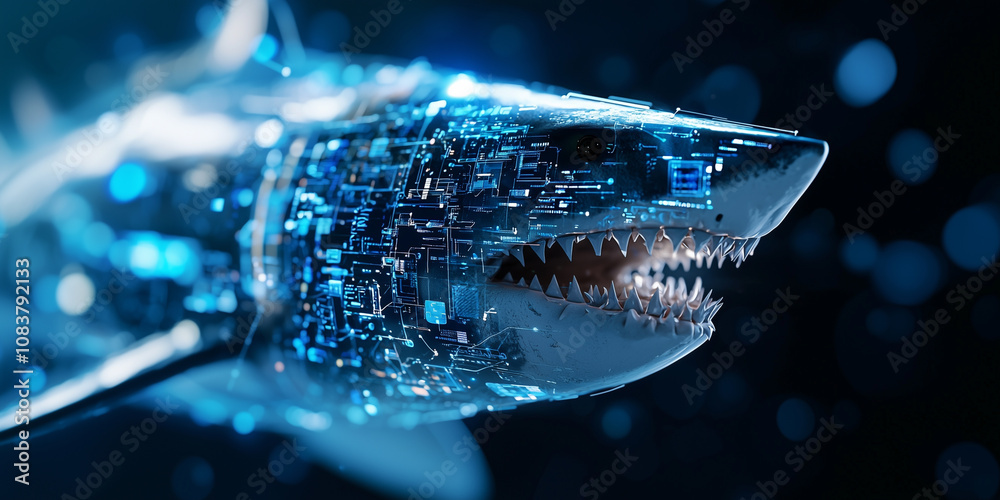 Fototapete shark with digital interface overlay symbolizes technology and nature merging, creating futuristic and dynamic image. glowing circuits and sharp teeth evoke sense of power and innovation