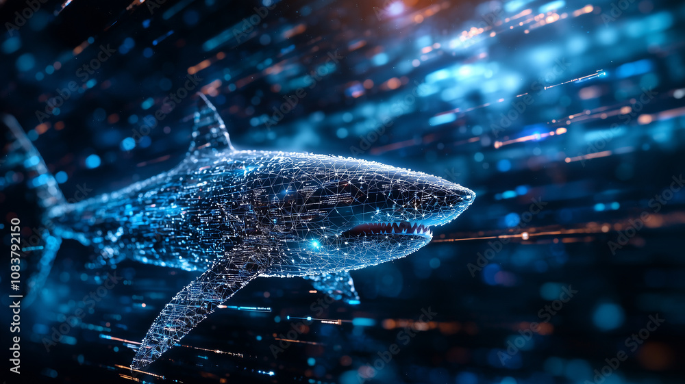 Poster digital shark navigates through network of glowing lines, symbolizing technology and connectivity. futuristic scene is vibrant and dynamic, with sense of motion and innovation