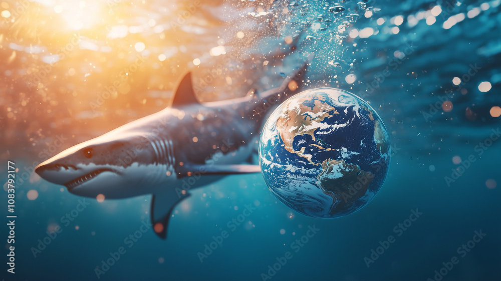 Poster shark swims through international waters with globe, symbolizing global exploration and environmenta