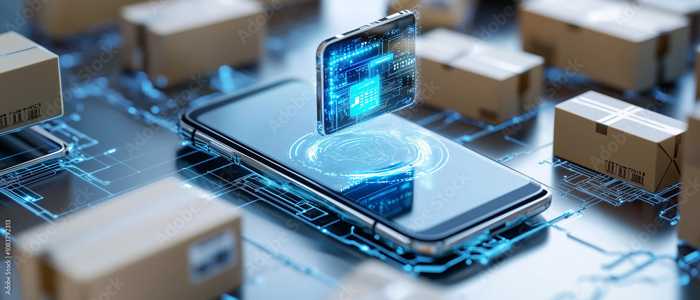 Poster smartphone with holographic shopping assistant displays futuristic technology, surrounded by cardboa