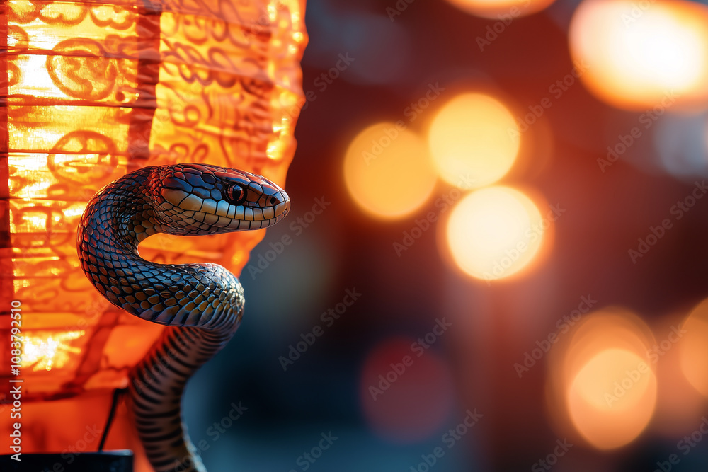 Poster snake is coiled around glowing red lantern, symbolizing mystery and intrigue in vibrant, illuminated