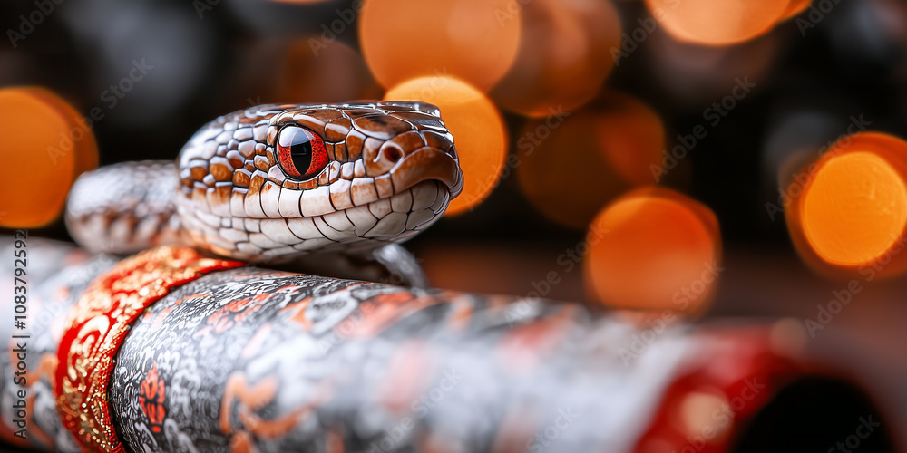 Poster snake with striking red eyes is wrapped around traditional Chinese scroll, set against backdrop of warm, glowing bokeh lights, creating mystical and captivating atmosphere