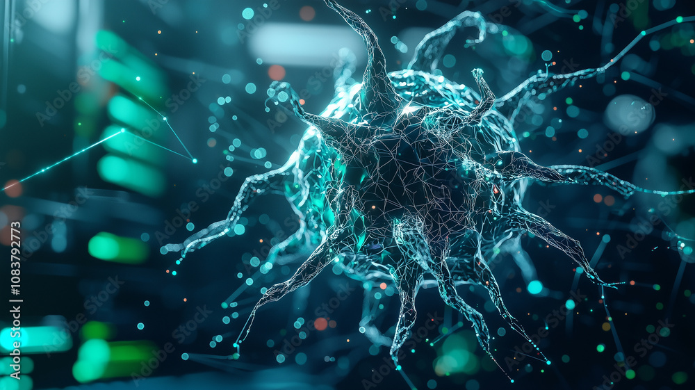 Aufkleber digital virus spreads through virtual landscape, showcasing intricate network connections and glowing data streams. image captures complexity and threat of cyber attacks