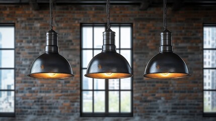 Obraz premium Industrial-style pendant lights illuminate a brick wall.