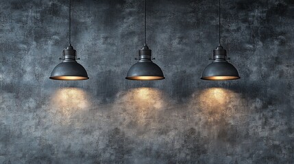 Obraz premium Three vintage industrial pendant lights illuminate a textured wall.
