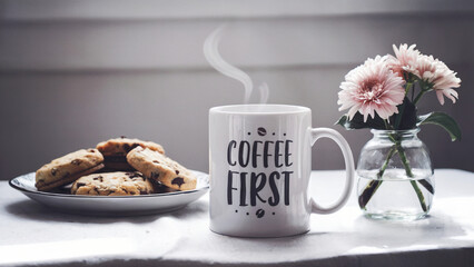 a coffee mug with the words "Coffee First" printed on it placed on a table with a plate of cookies and a small vase with flowers nearby against an isolated white background