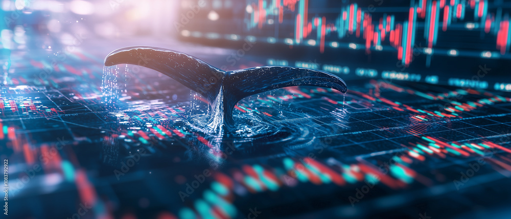 Poster whale tail emerges from digital sea of stock market data, creating ripples and symbolizing market impact. scene is illuminated by soft glow, highlighting dynamic financial environment