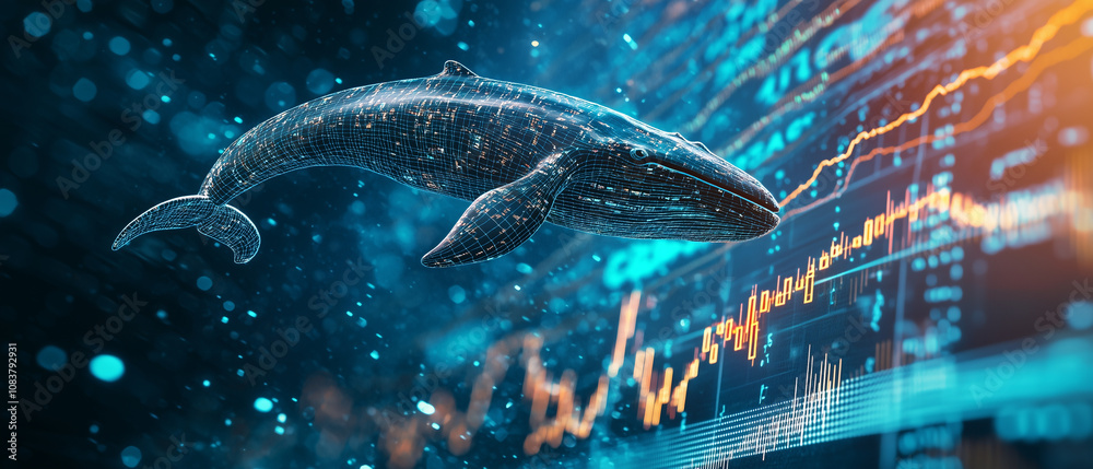 Aufkleber digital whale gracefully leaps through dynamic cascade of stock market data, symbolizing intersectio
