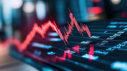 A close-up view of a digital stock market chart featuring a fluctuating red line, symbolizing market volatility and trading activity.