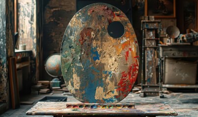 A lone, wooden artists palette with fresh paints, ready for use