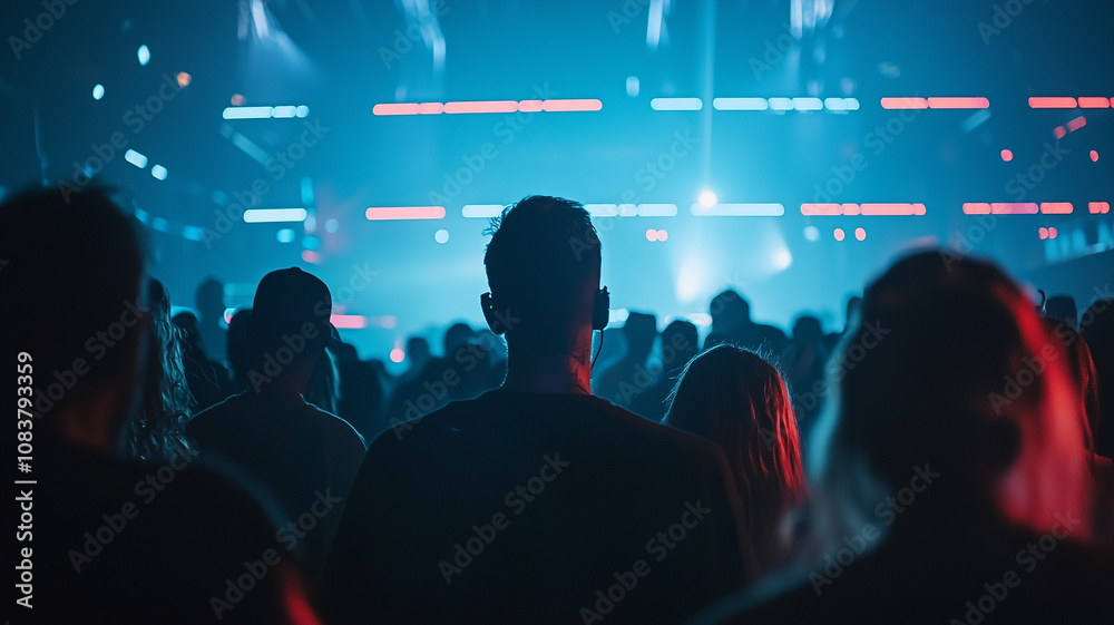 Poster Concert attendees in cyberpunk cityscape with neon lights create vibrant atmosphere. crowd is immersed in futuristic setting, surrounded by glowing colors and dynamic energy