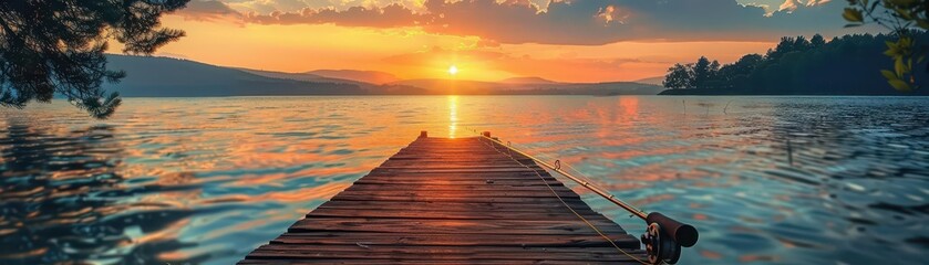 A lone, wooden fishing rod on a quiet lakeside dock at sunset
