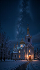 Fototapeta premium Illuminated Orthodox Church Under Starlit Winter Sky With Milky Way