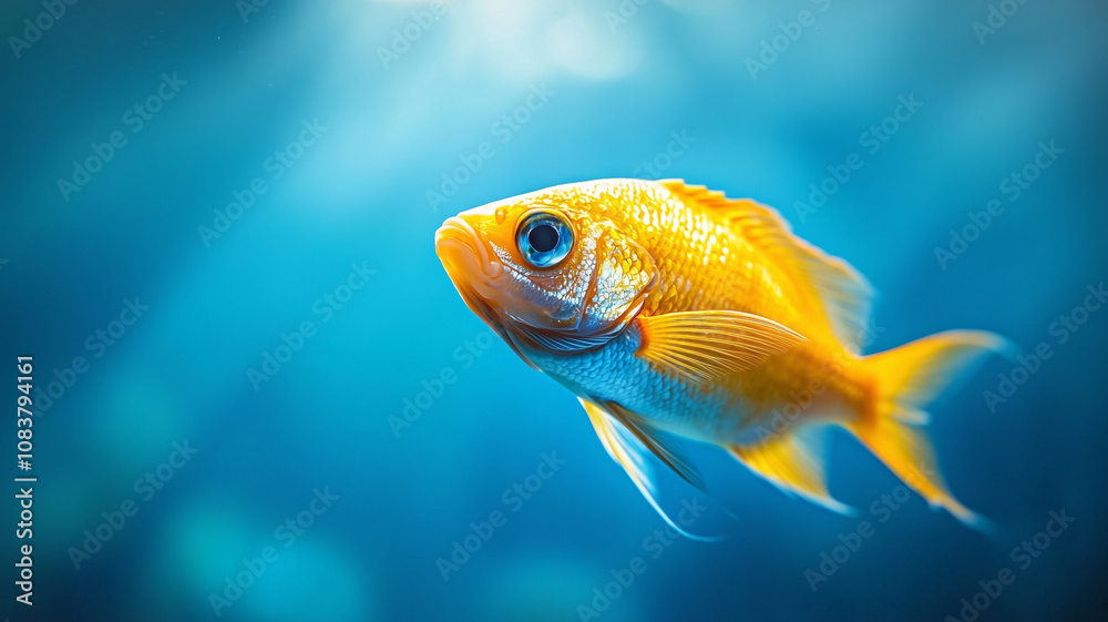 Poster vibrant orange fish gracefully swims through deep blue ocean, exploring its depths with curiosity an