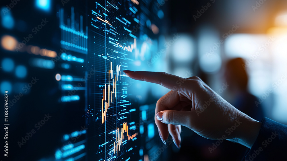 Poster businesswoman hand points at digital graph on screen, analyzing data trends in modern office setting