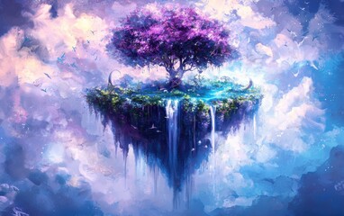 Ethereal floating island with purple blossom tree and cascading waterfalls, surrounded by dreamy clouds and flying birds in a fantasy sky.