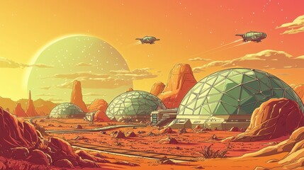 Futuristic Martian colony with geodesic domes and airships against a vibrant orange sky, depicting a sci-fi vision of space exploration.