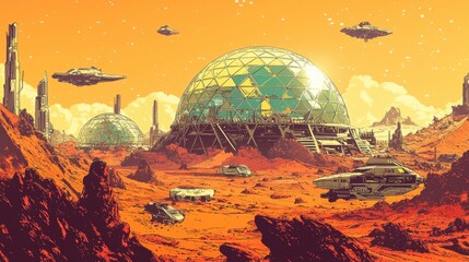 Futuristic Mars colony with geodesic domes and flying saucers against a vibrant orange sky, depicting an imaginative sci-fi landscape.