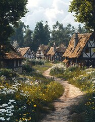 A small medieval village with thatched roofs and a narrow dirt road winding through the village with quaint rustic charm
