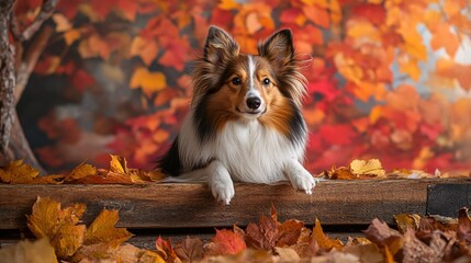 Fototapeta premium A charming dog rests among colorful autumn leaves, capturing the essence of fall with vibrant hues and a cozy atmosphere.