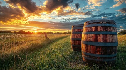 Obraz premium Two wooden barrels stand in a green field at sunset, with vibrant clouds illuminating the sky, creating a picturesque rural scene.