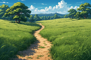 Lush grassy plain with natural trails, a few sandy areas, traces of wildlife, and a serene clear blue sky