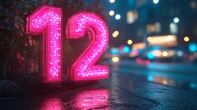 A vibrant, illuminated number "12" in neon pink stands out against a blurred city backdrop, reflecting on a wet surface, capturing urban nightlife.