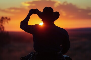 Silhouetted cowboy holding hat against sunset