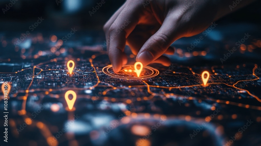 Poster hand interacting with digital map showing location pins and navigation paths, emphasizing modern tec