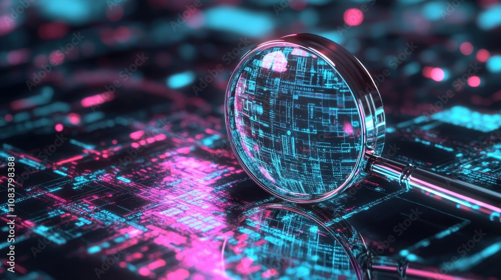 Poster magnifying glass over colorful digital circuit board graphics with abstract patterns and reflections