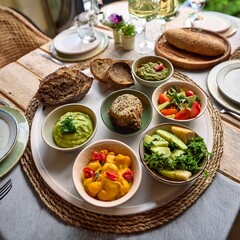Fototapeta premium Elegant Restaurant Table Featuring a Vegan Three-Course Meal With Organic Vegetables, Freshly Baked Gluten-Free Bread, and a Variety of Plant-Based Sauces and Condiments