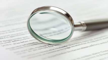 Close-Up of a Magnifying Glass on Printed Text with Shallow Depth of Field, Perfect for Illustrating Reading, Investigation, and Document Analysis Themes