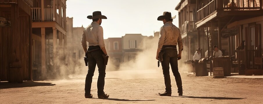 Dusty duel at high noon in a deserted western town