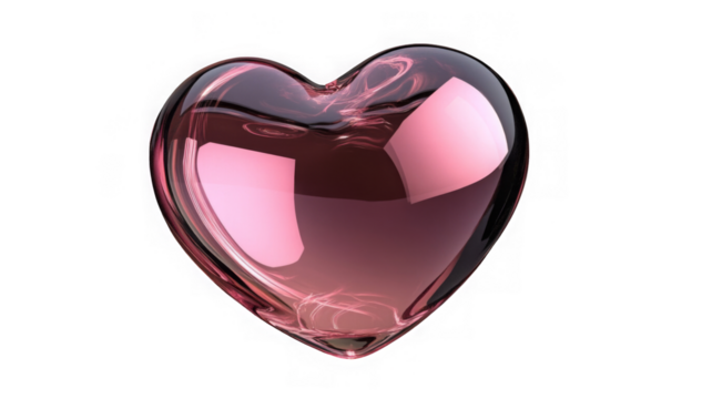 Glass transparent isolated heart. Realistic soap bubble in the shape of a heart, glare, light and sparkles. Glossy holographic chrome futuristic decoration element.