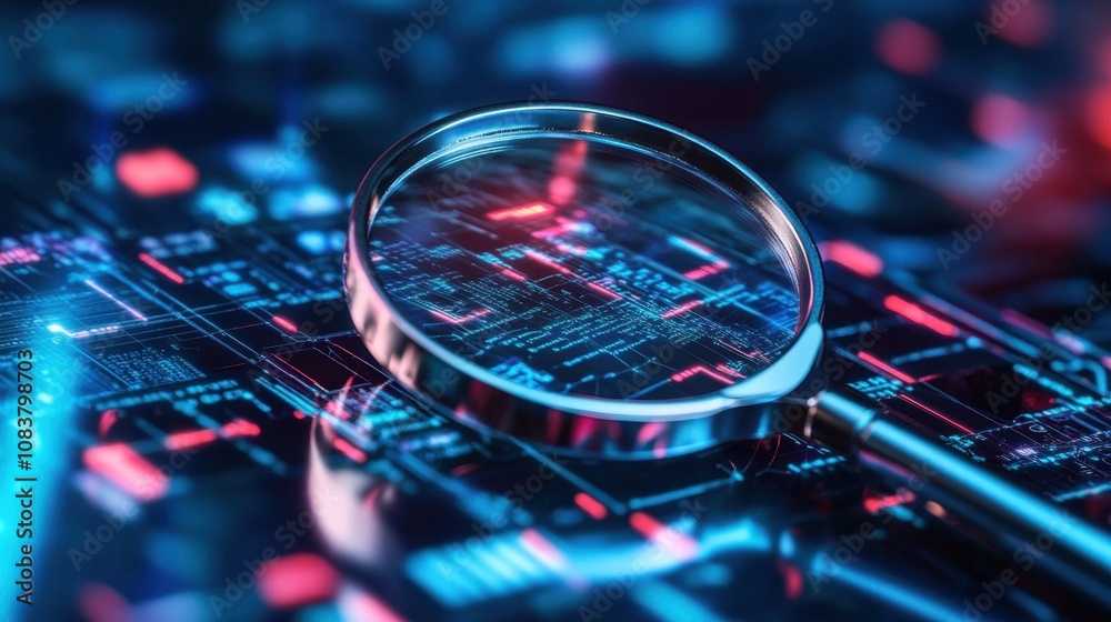 Poster magnifying glass on abstract data background with blue and red light reflection emphasizing digital 
