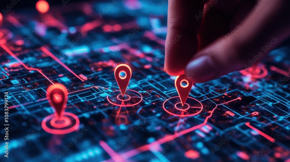 Poster futuristic hand placing navigation marker on digital map with circuit patterns and neon glow in dark