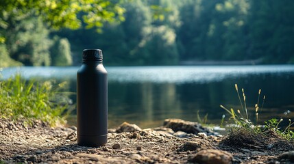 Obraz premium A black water bottle stands on the shore of a serene lake, surrounded by lush greenery and natural beauty, reflecting a peaceful outdoor setting.
