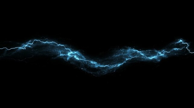 Lightning, electric thunderbolt strike of blue colour during night storm, impact, crack, magical energy flash. Thunderstorm flash on black background