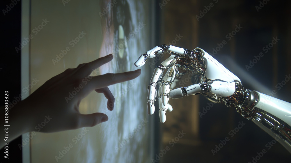 Poster a robot hand and a human hand touch through a computer screen. this shows how virtual reality, augme
