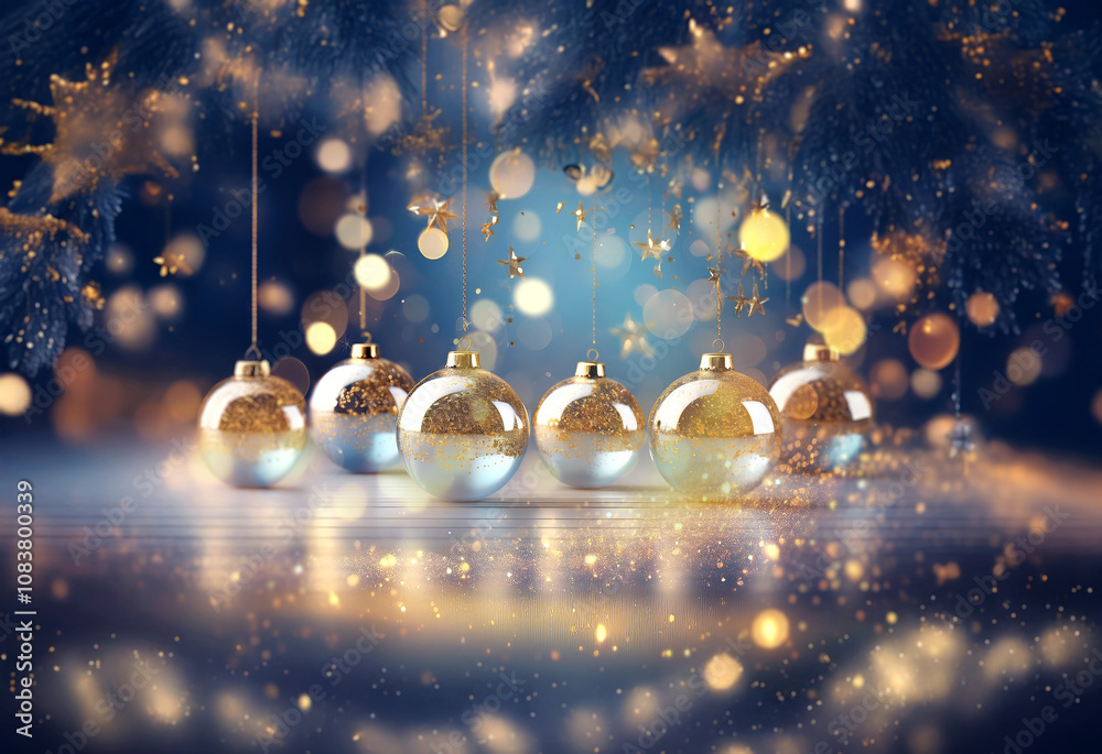 Poster a row of six blue and gold christmas ornaments hang from strings in front of a dark blue background 