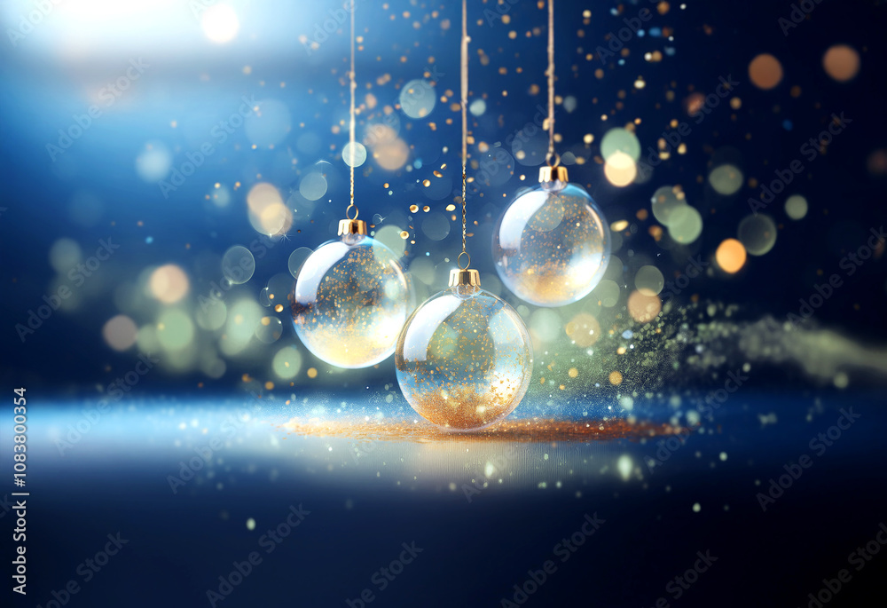 Poster three clear glass ornaments hang from golden strings against a dark blue background with shimmering 