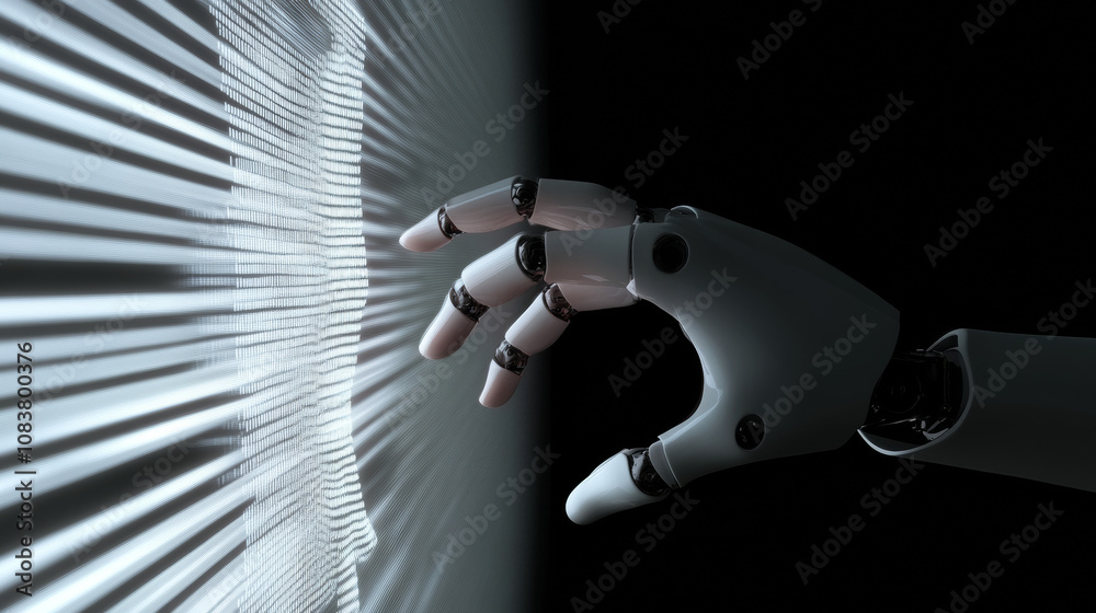 Poster a robot hand and a human hand touch through a computer screen. this shows how virtual reality, augme