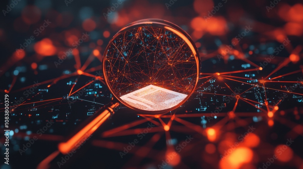 Poster abstract visualization of a magnifying glass highlighting a digital network with interconnected node