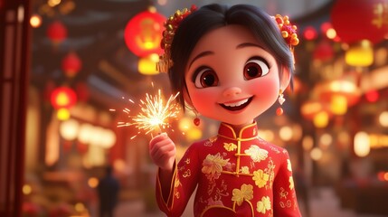 3D character in a red cheongsam, smiling joyfully as they light a firecracker, with lanterns and decorations in the background for Chinese New Year.