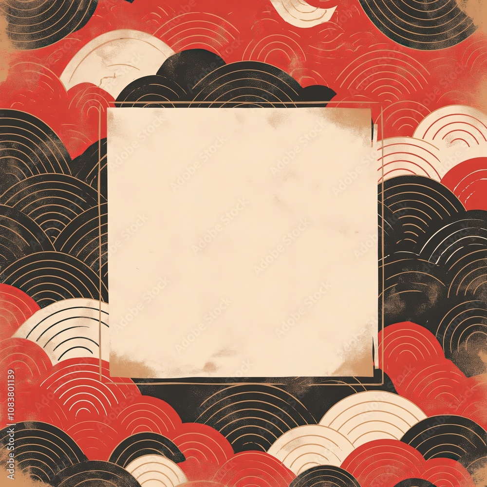 Poster abstract wave patterns in red and black with a blank center space for text or graphic design