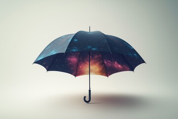 A galaxy-patterned umbrella stands out in a minimalistic creative studio