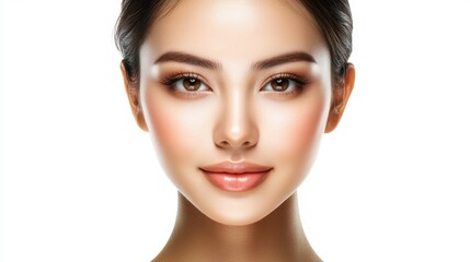 Fototapeta premium Stunning Close-Up of a Young Woman with Glowing Skin and Expressive Eyes Against a Bright White Background Showcasing Natural Beauty and Freshness