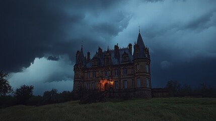 Obraz premium An old, large, stone castle with a single lit doorway stands on a grassy hill in front of a dark, stormy sky.