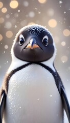 Fototapeta premium Adorable Penguin Close-Up Amid Falling Snowflakes with Warm Bokeh Glow